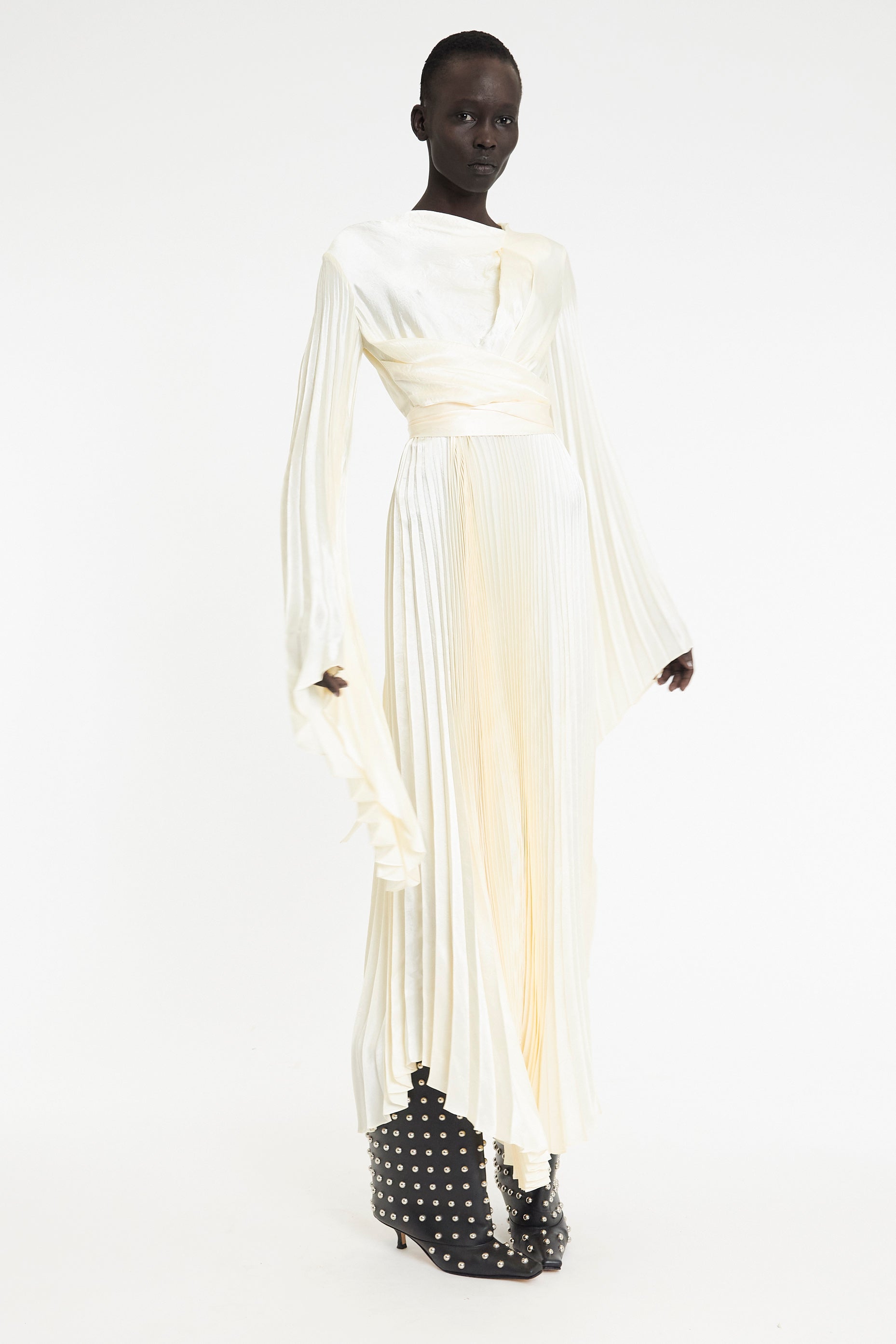 Wrap Around Maxi Dress With Pleated Skirt And Sleeves Ivory