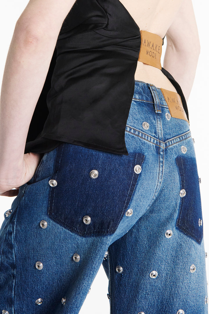 Studded Organic Jeans With Side Inserts Blue