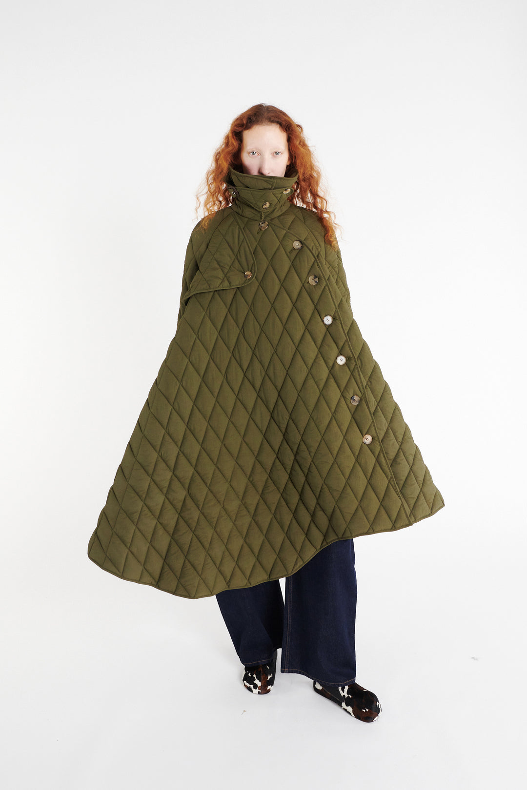 Long Quilted Trench Dark Khaki Green