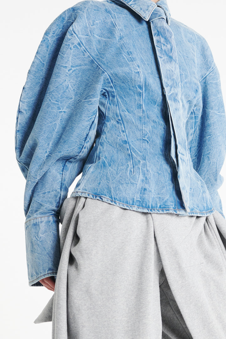 Acid Wash Denim Puff Sleeve Shirt Indigo Acid Wash