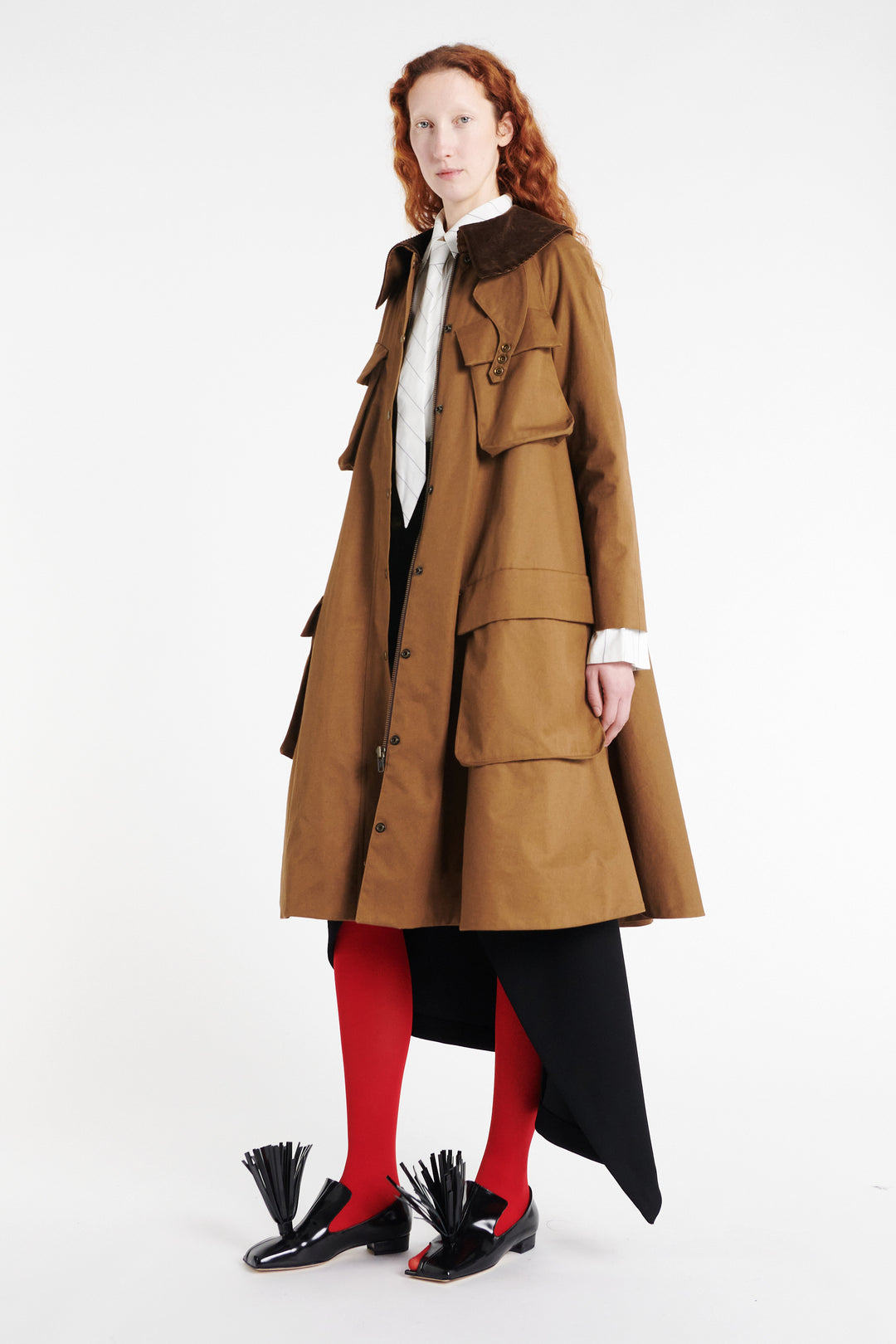 Long Flared Trench With Pockets Khaki Brown