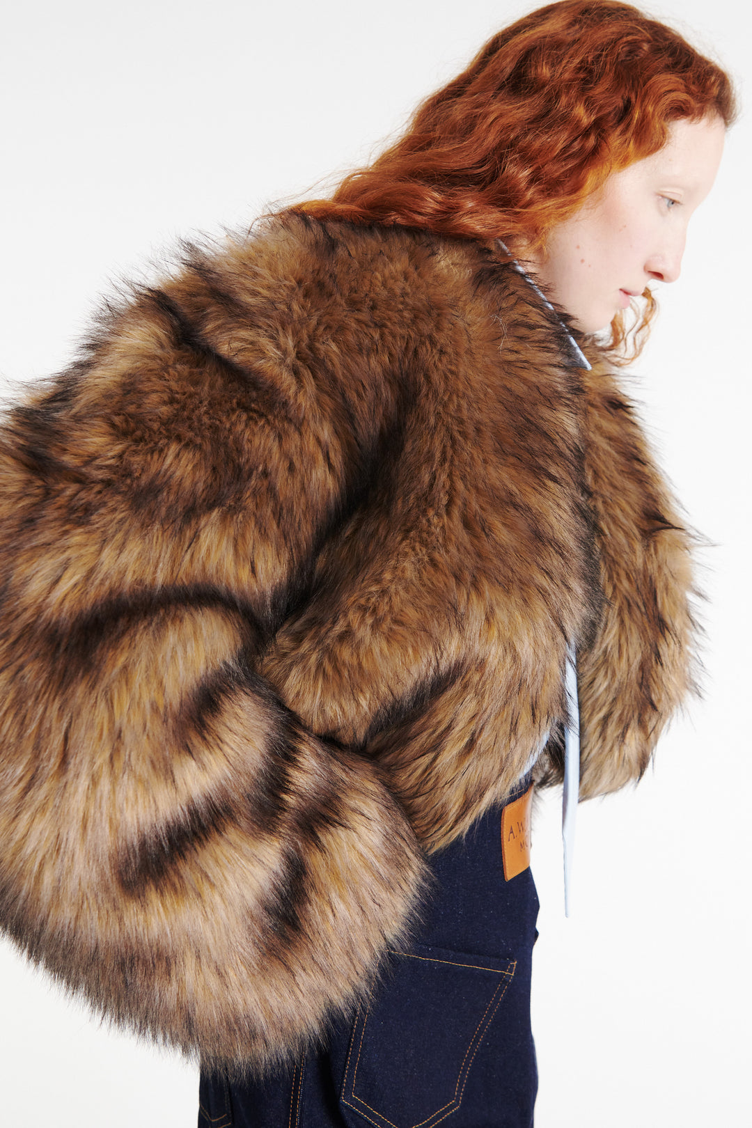 Rounded Sleeve Cropped Faux Fur Jacket Brown