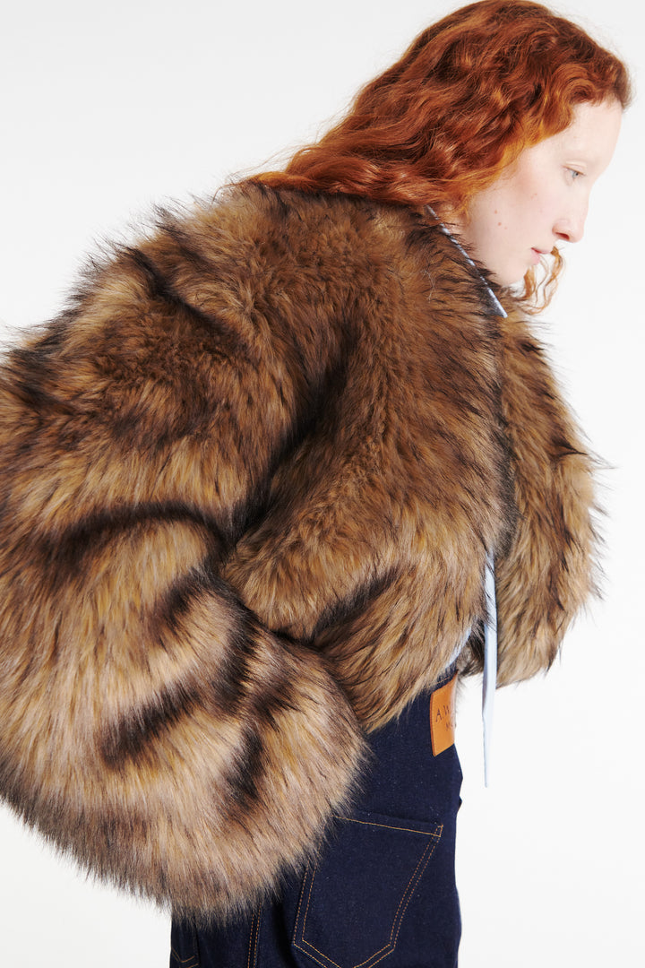 Rounded Sleeve Cropped Faux Fur Jacket Brown