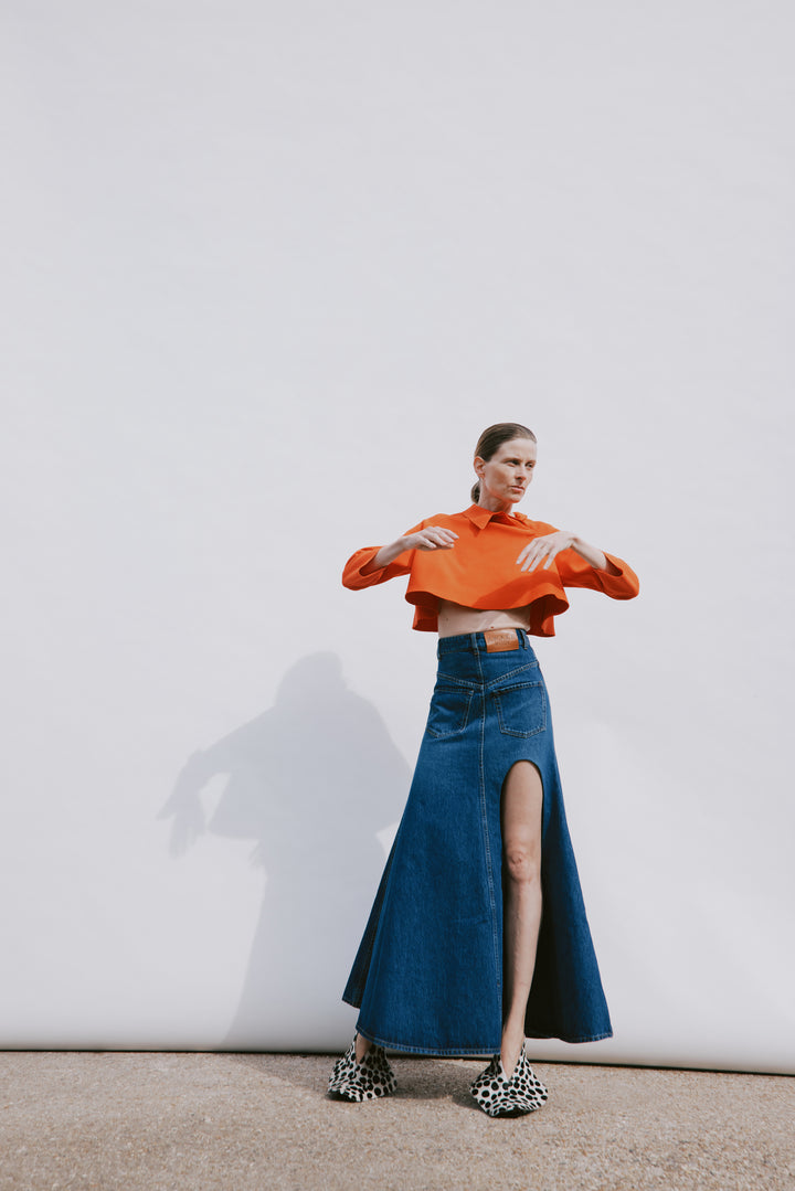 Flared Back To Front Skirt With Cutout Classic Blue Wash