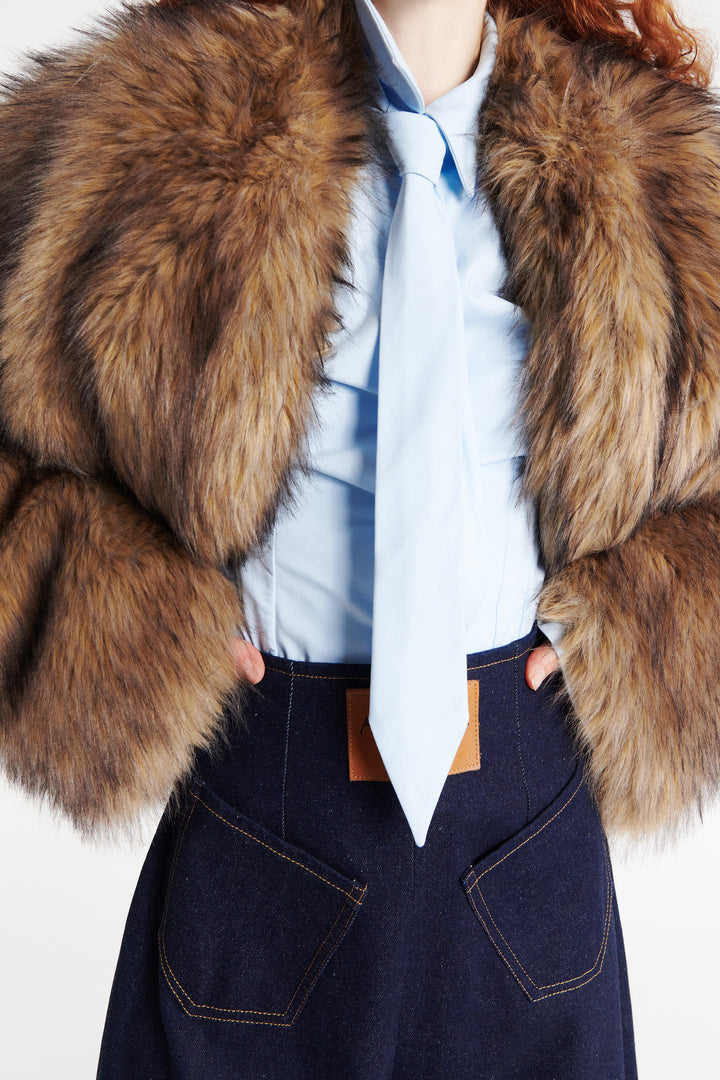 Rounded Sleeve Cropped Faux Fur Jacket Brown