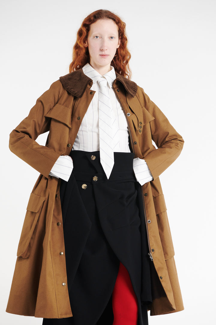 Long Flared Trench With Pockets Khaki Brown