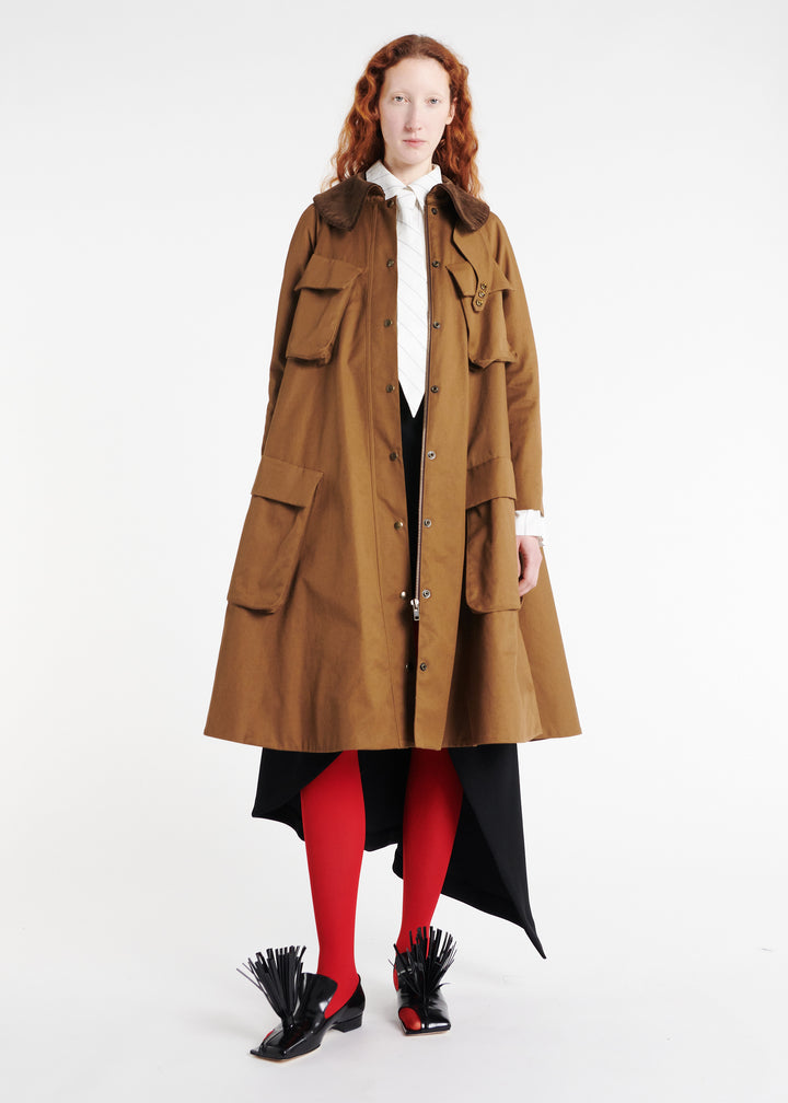Long Flared Trench With Pockets Khaki Brown