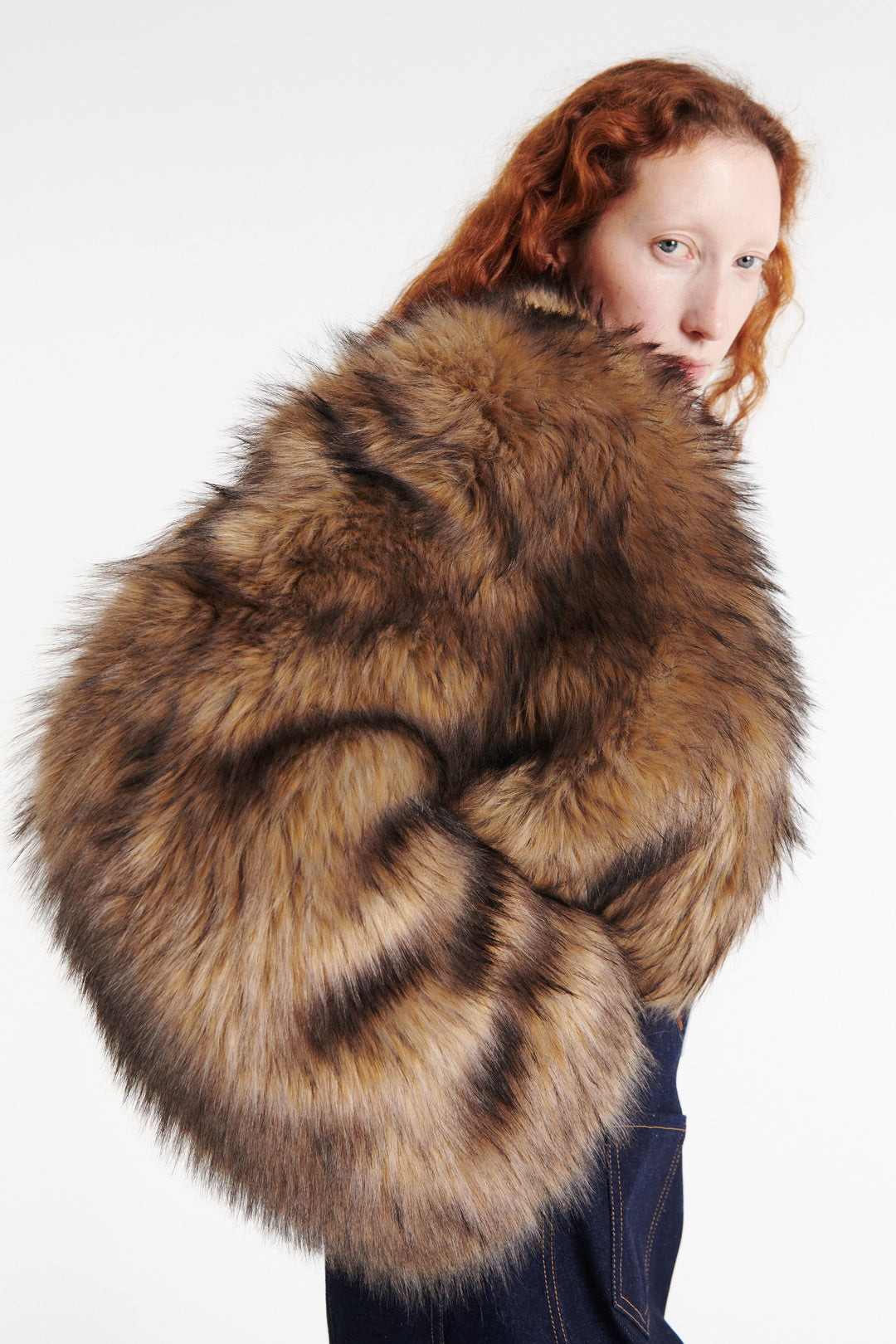 Rounded Sleeve Cropped Faux Fur Jacket Brown