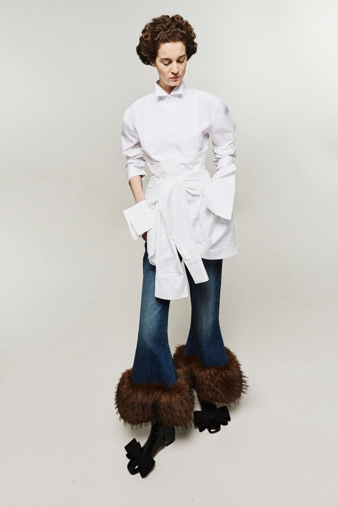 Cropped Flared Trousers With Faux Fur Hem Classic Blue Wash