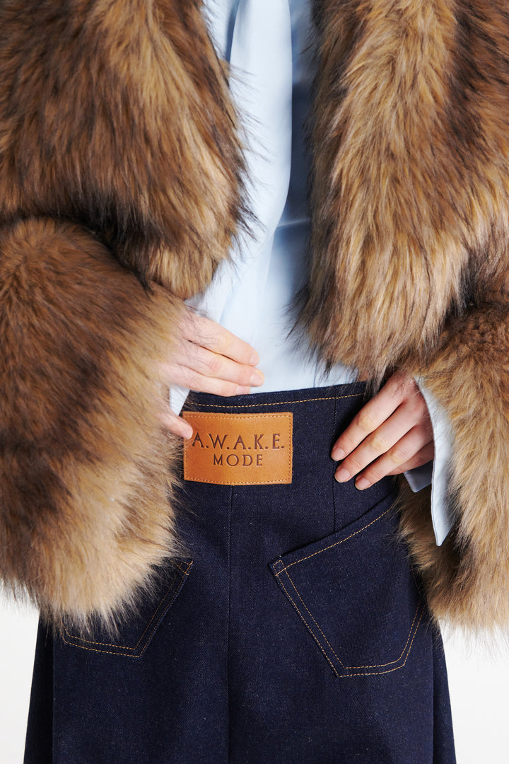 Rounded Sleeve Cropped Faux Fur Jacket Brown