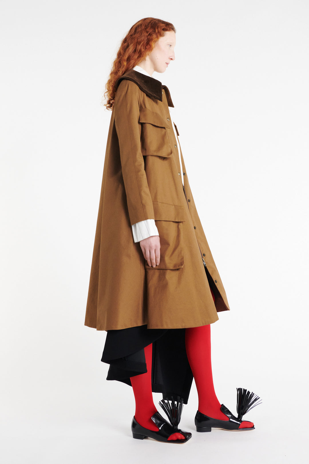 Long Flared Trench With Pockets Khaki Brown