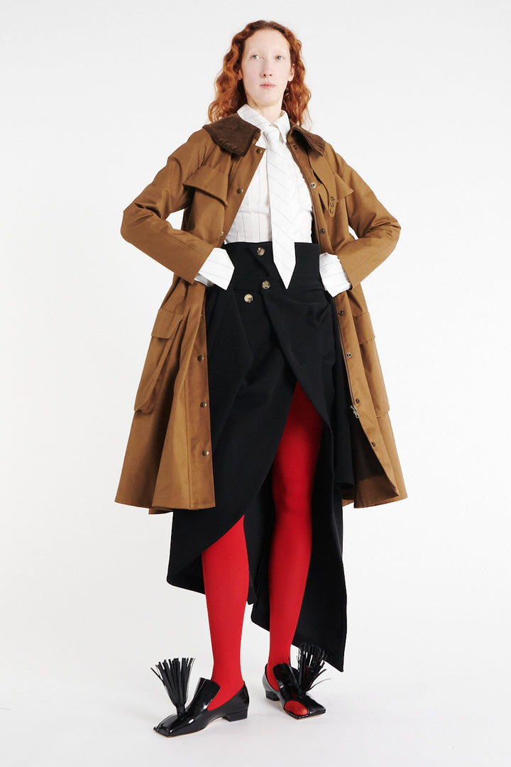Long Flared Trench With Pockets Khaki Brown