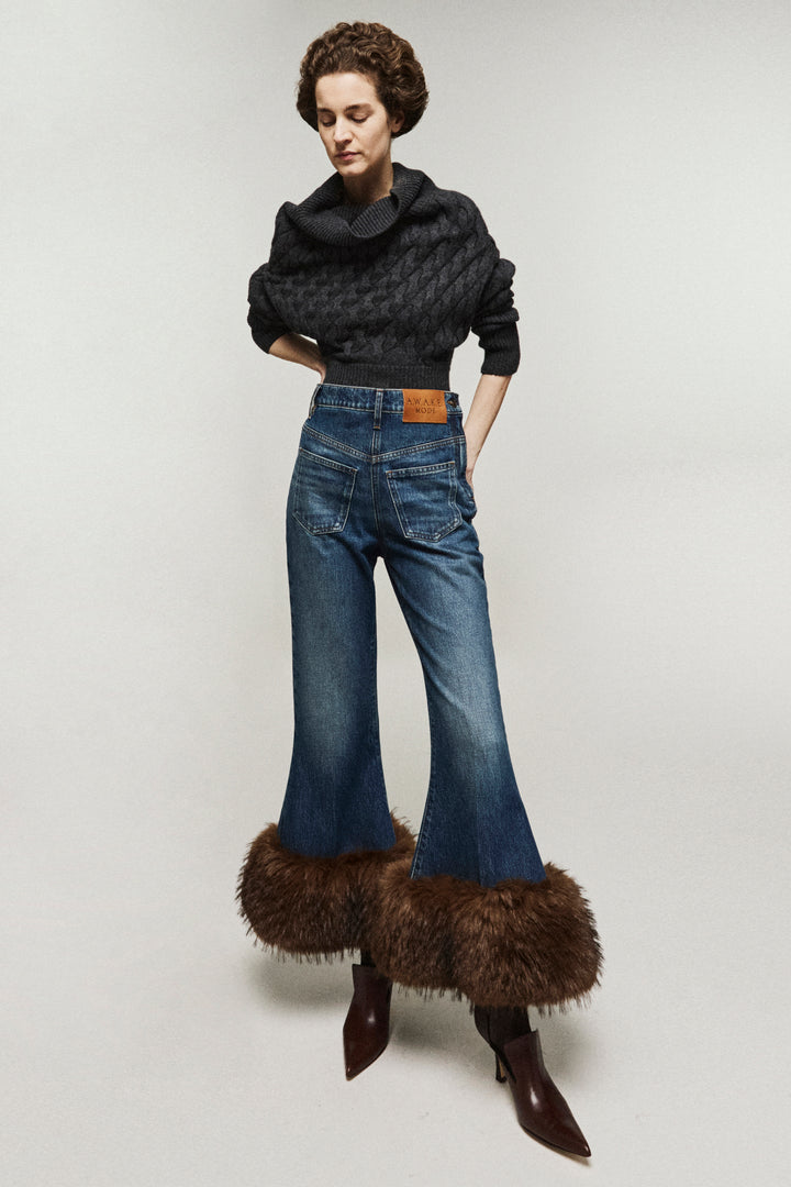 Cropped Flared Trousers With Faux Fur Hem Classic Blue Wash