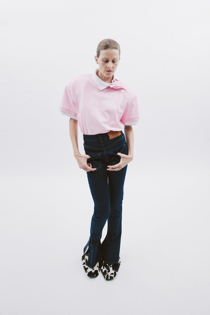 Fitted Stretch Flared Jeans With Side Slits Indigo Rinse Wash