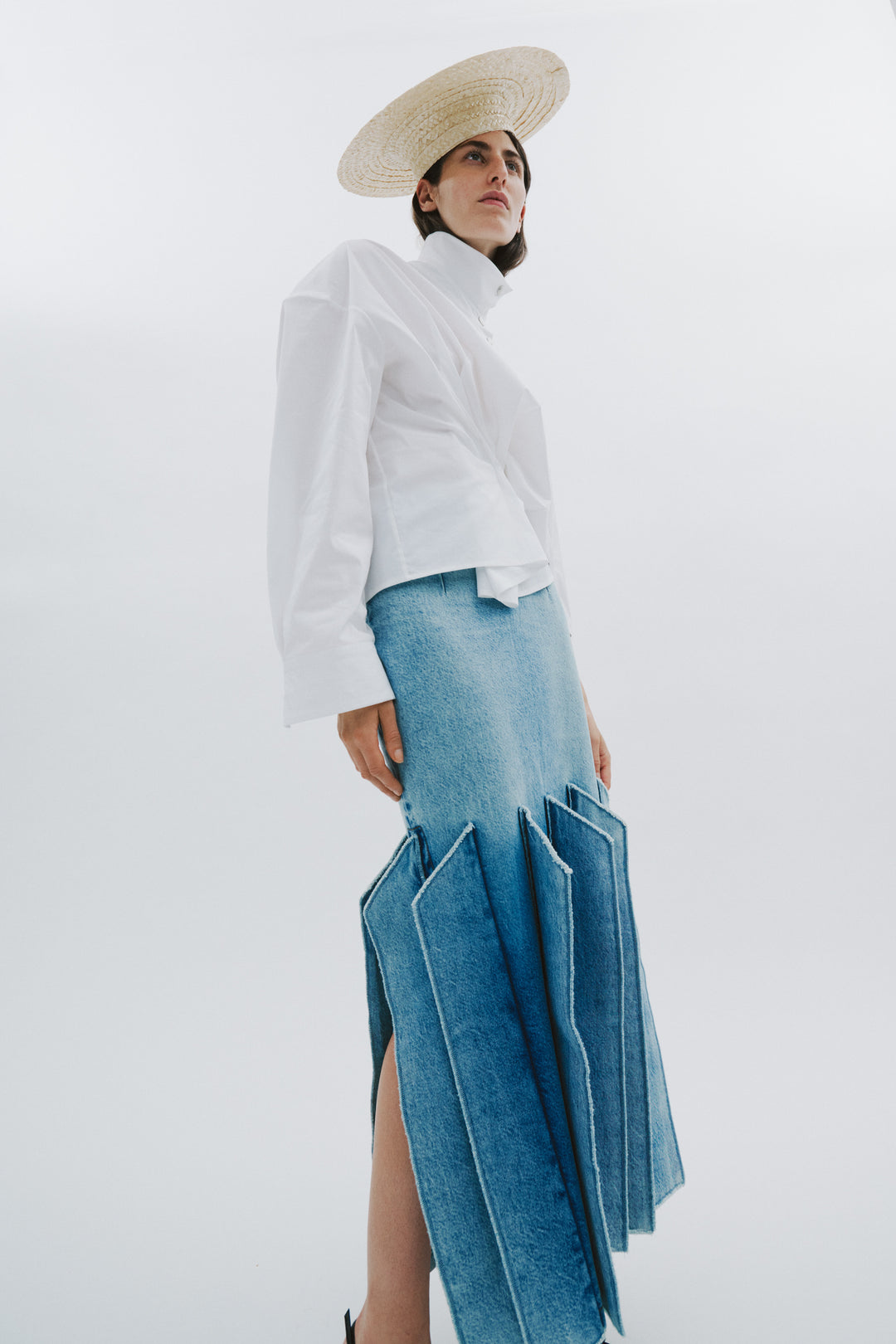 Denim Skirt With Panel Detail Mid Blue