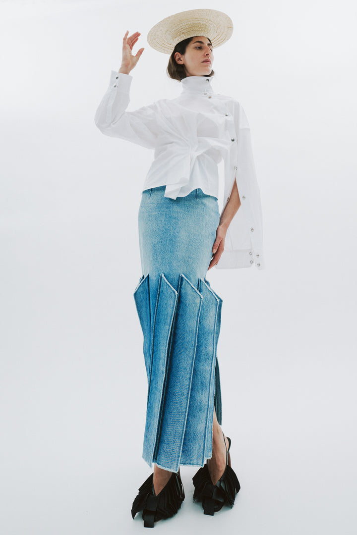 Denim Skirt With Panel Detail Mid Blue