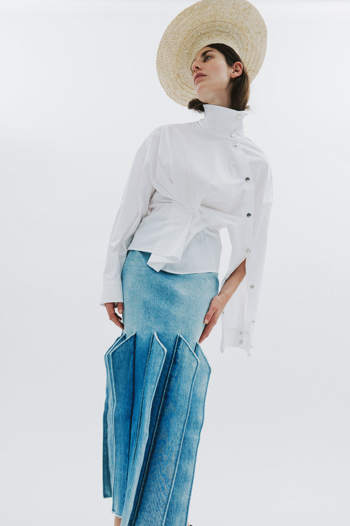 Denim Skirt With Panel Detail Mid Blue