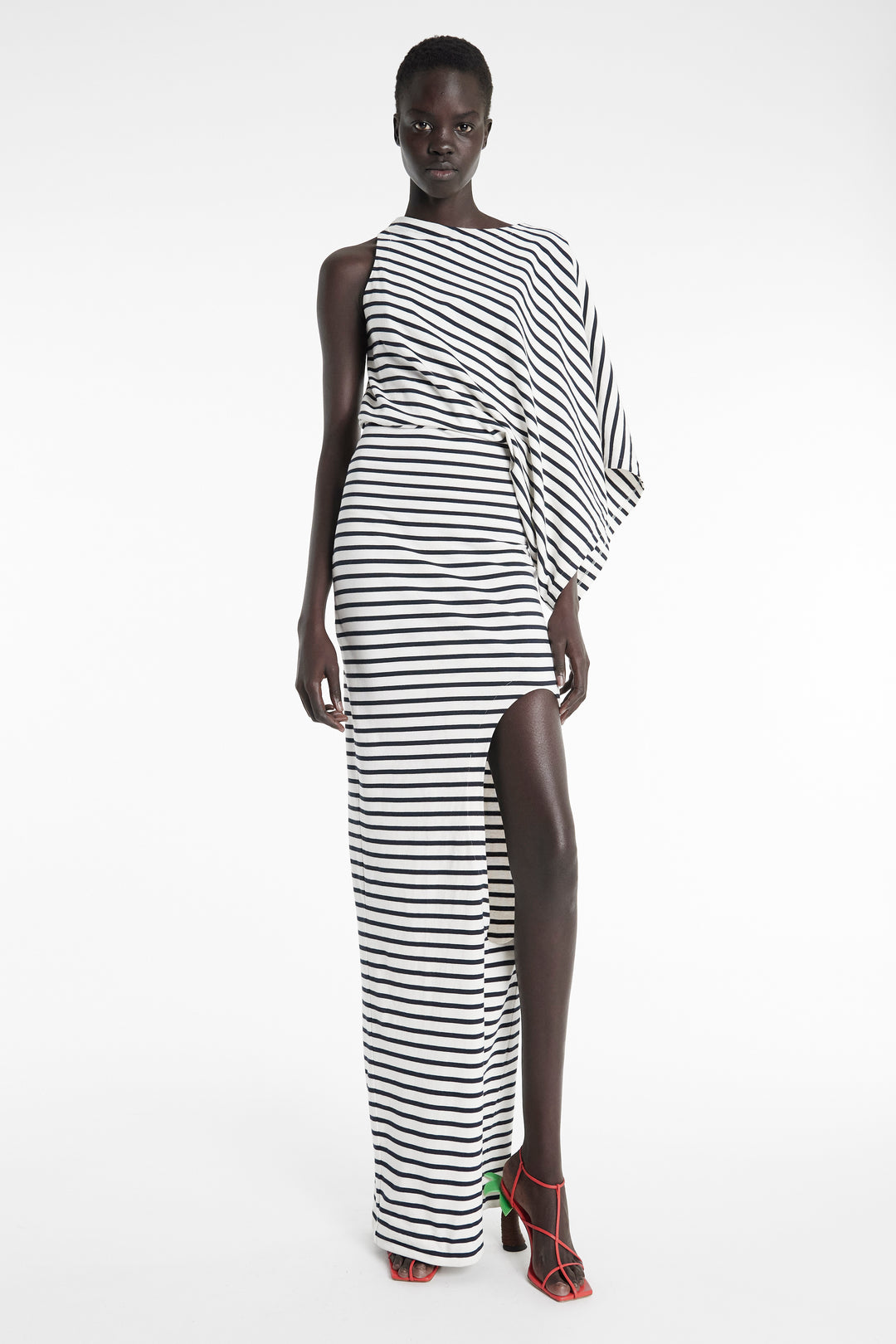 Asymmetric Maxi Dress With Cut Out Navy Ecru Stripe