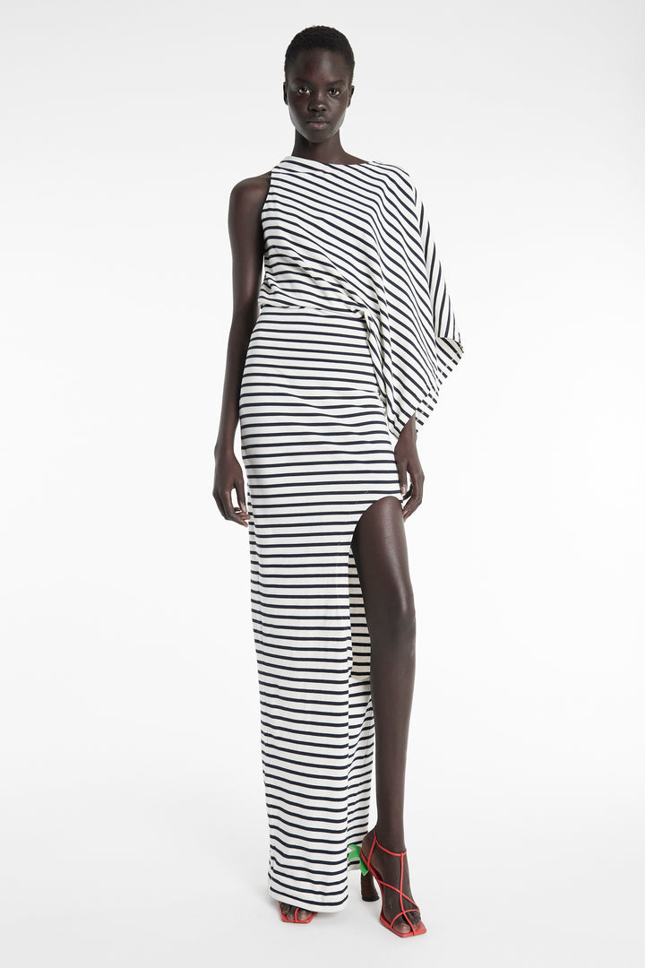 Asymmetric Maxi Dress With Cut Out Navy Ecru Stripe