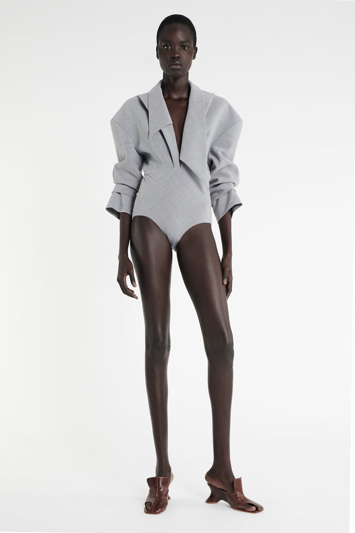 Tailored Bodysuit With Shirt Collar Insert Grey Melange