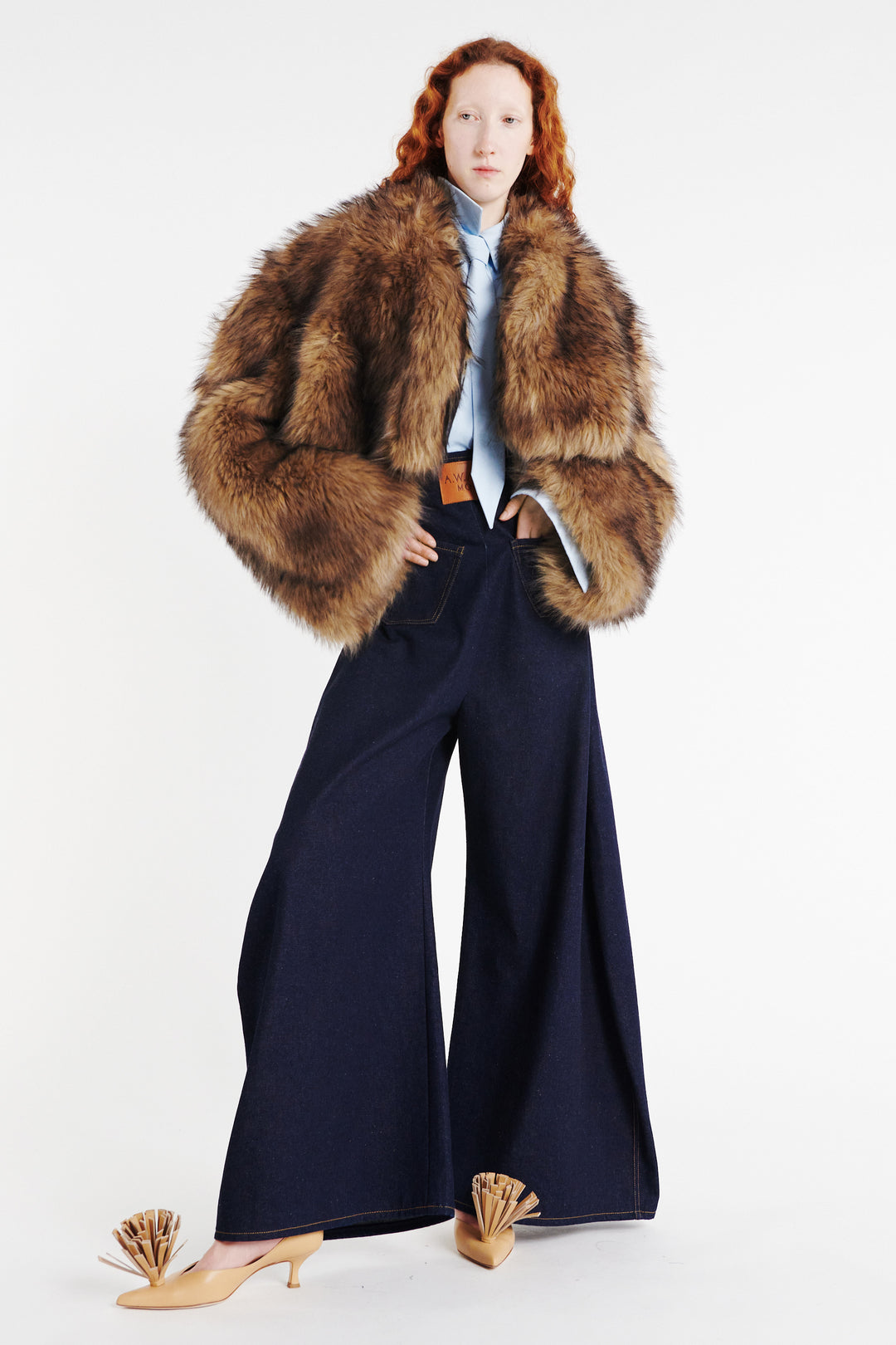 Rounded Sleeve Cropped Faux Fur Jacket Brown