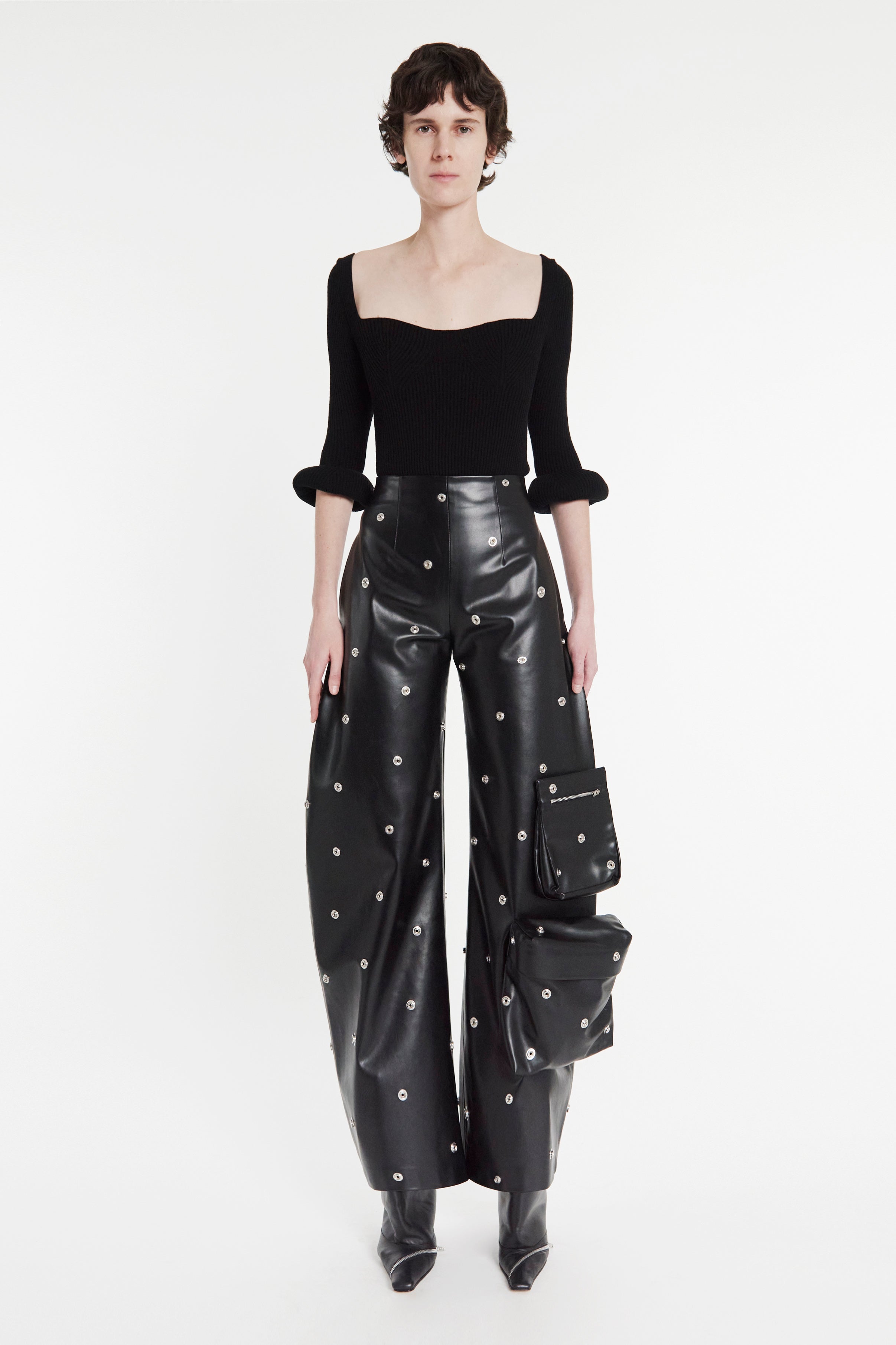 Faux Leather Stud Trouser With Snap-On Pockets Black | Luxury
