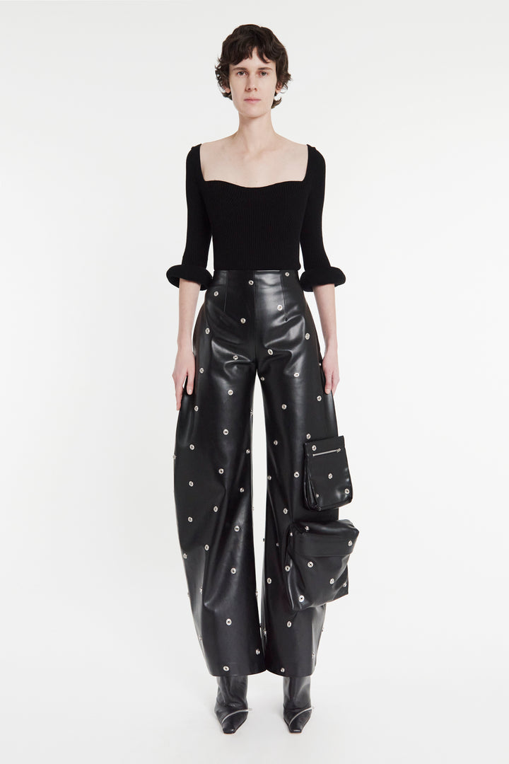 Faux Leather Stud Trouser With Snap-On Pockets Black