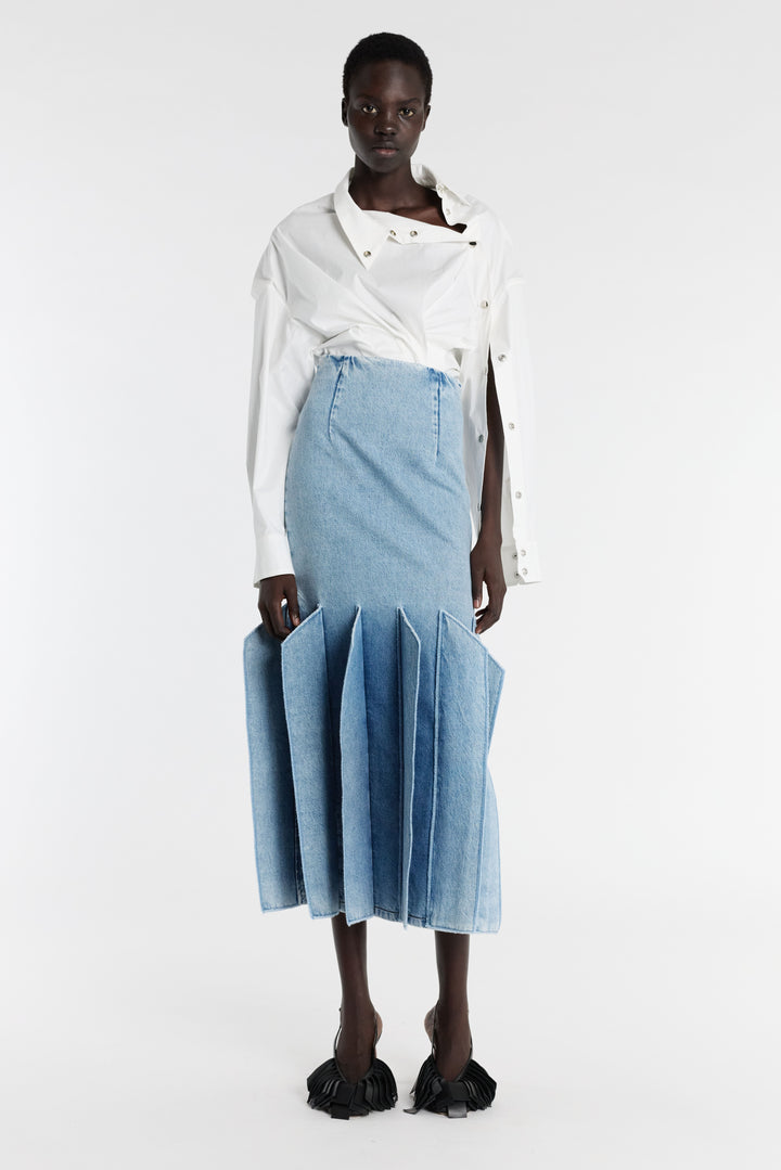 Denim Skirt With Panel Detail Mid Blue