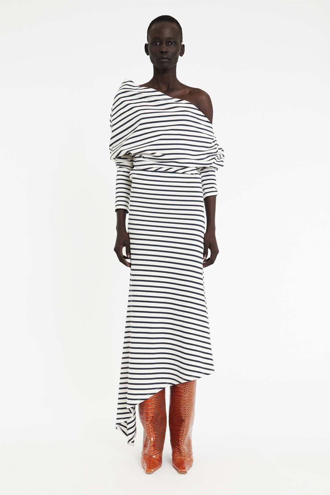 Off Shoulder Asymmetric Dress White Navy Stripe