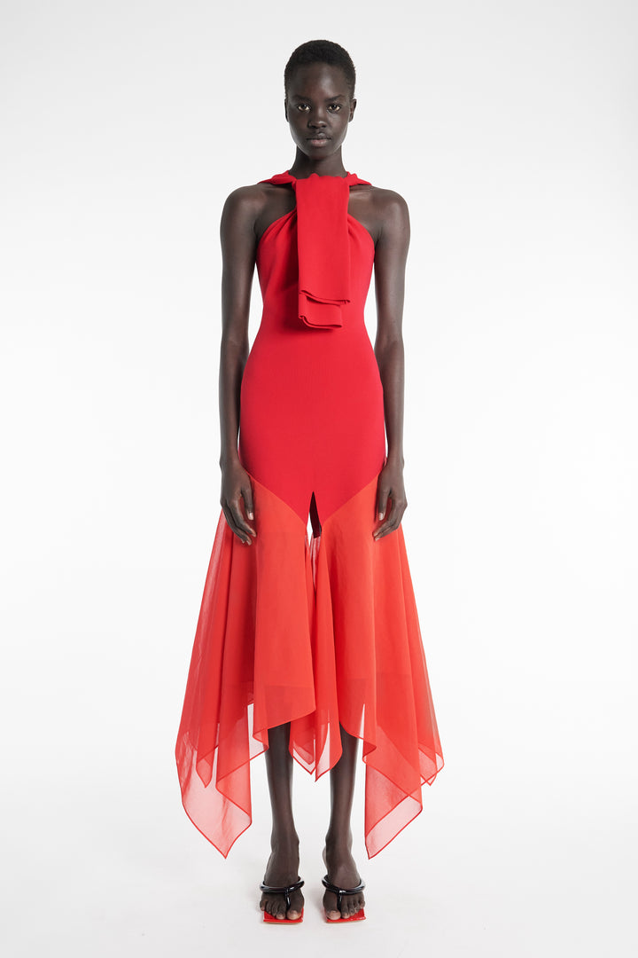 Knit Dress With Organza Inserts Red