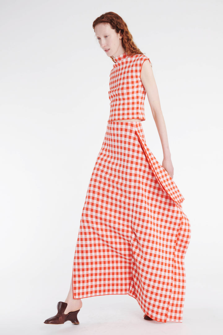 Knitted Fitted Maxi Skirt With Side Panel Red White Gingham