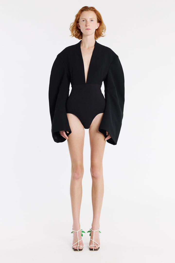 Rounded Sleeve Deep V-Neck Bodysuit Black