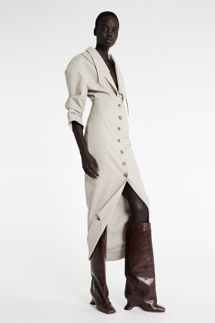 Tailored Skirt With Jacket Collar At Hem Beige Melange