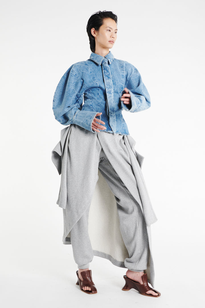 Acid Wash Denim Puff Sleeve Shirt Indigo Acid Wash