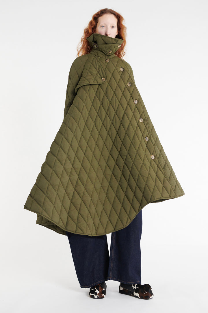 Long Quilted Trench Dark Khaki Green