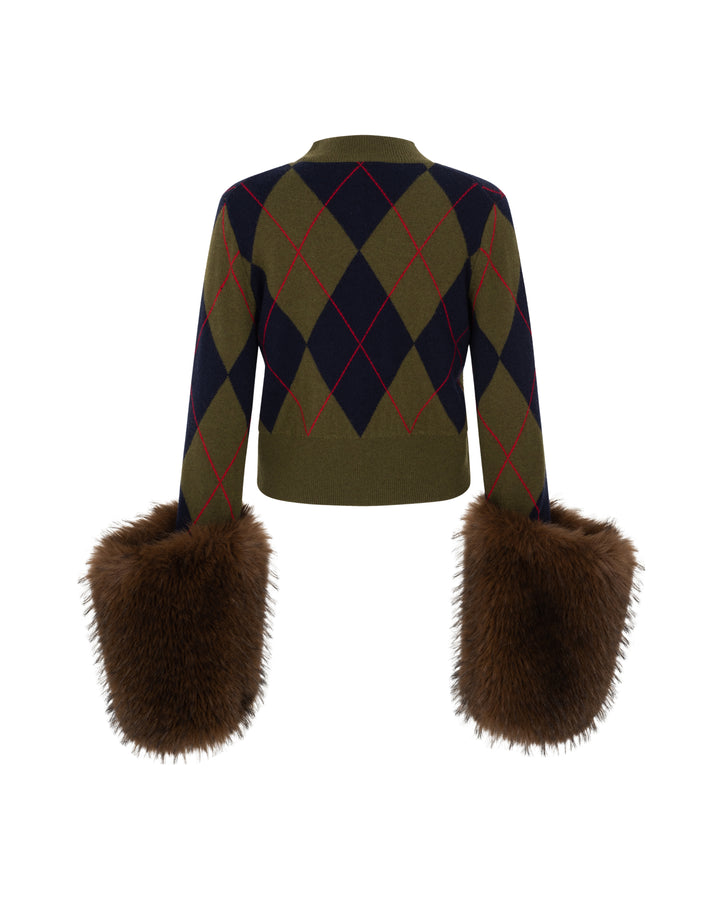 Knitted Cardigan With Faux Fur Cuffs Navy Green Red Argyle Brown