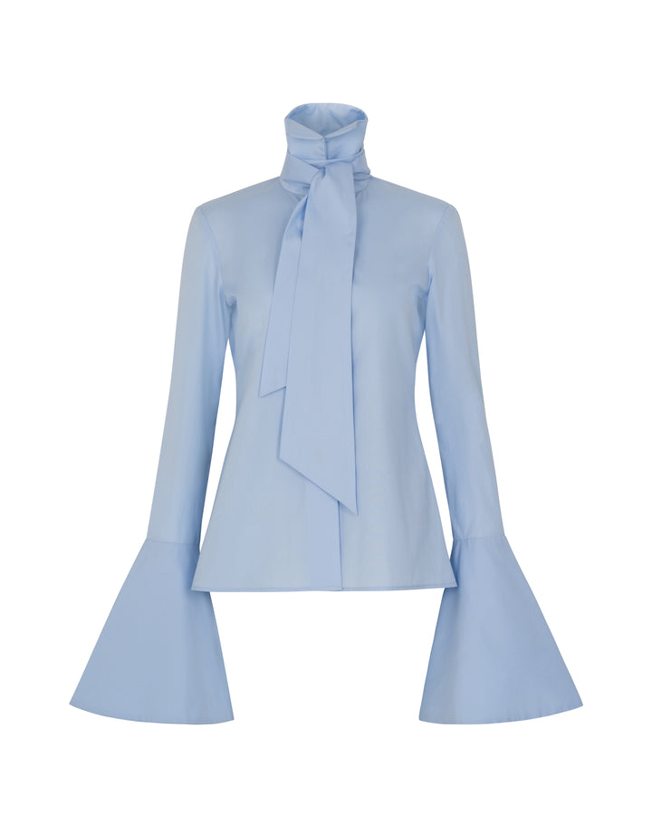 Victorian Style High Collar Top With Jabot Light Blue
