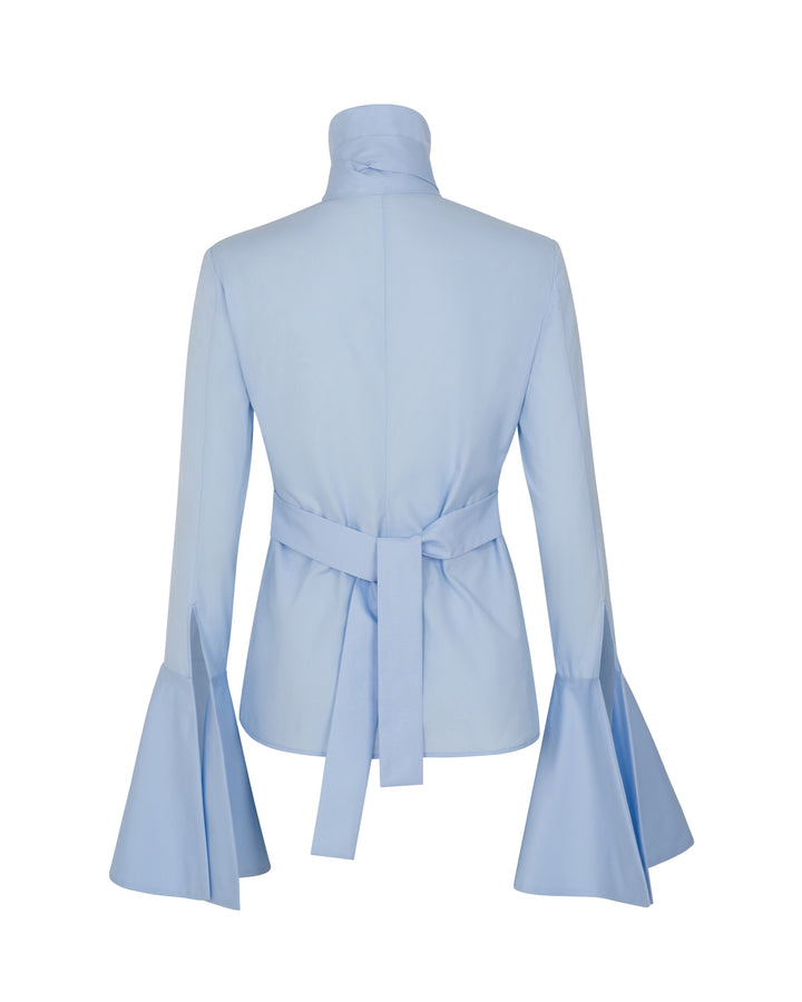 Victorian Style High Collar Top With Jabot Light Blue