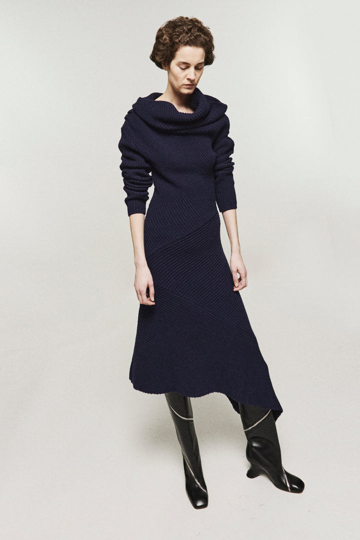 Knitted Patchwork Rib Dress With High Neck Navy