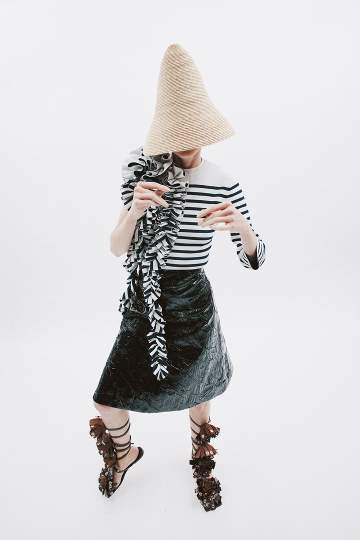 Knitted Fitted Top With Ruffle White Navy Striped