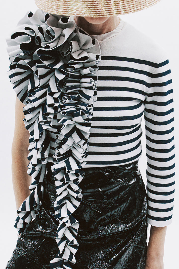 Knitted Fitted Top With Ruffle White Navy Striped