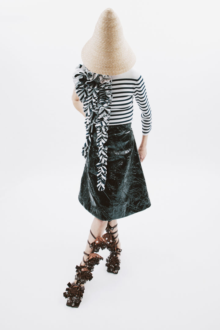 Knitted Fitted Top With Ruffle White Navy Striped