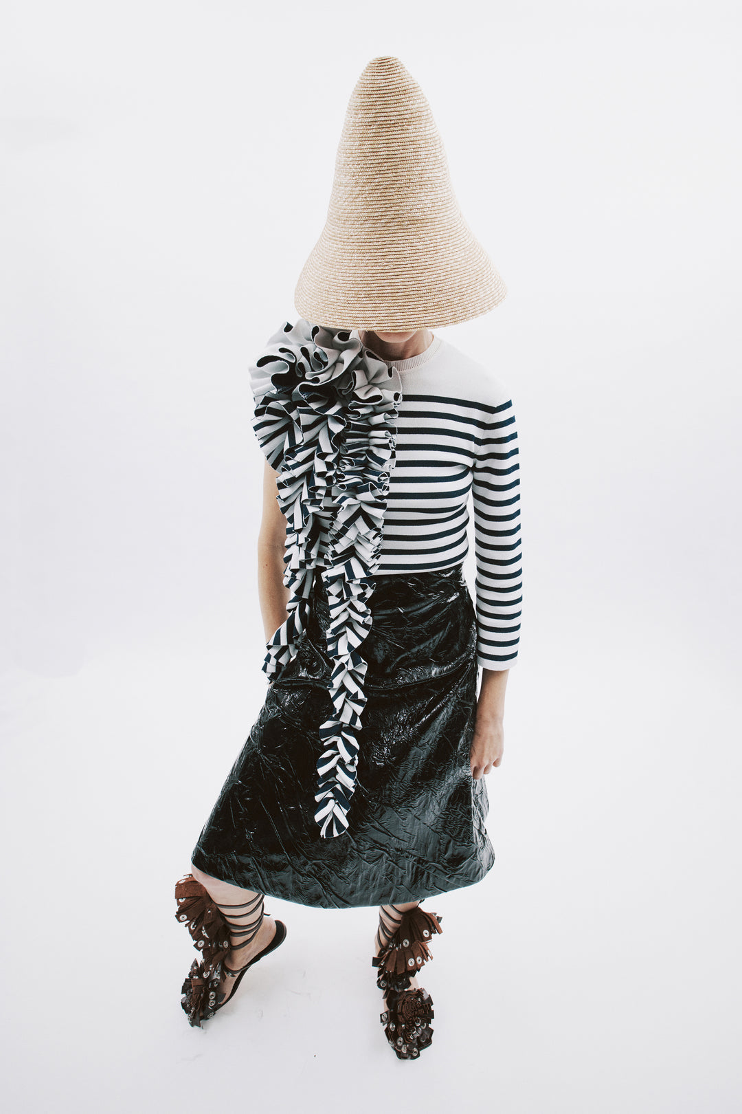 Knitted Fitted Top With Ruffle White Navy Striped