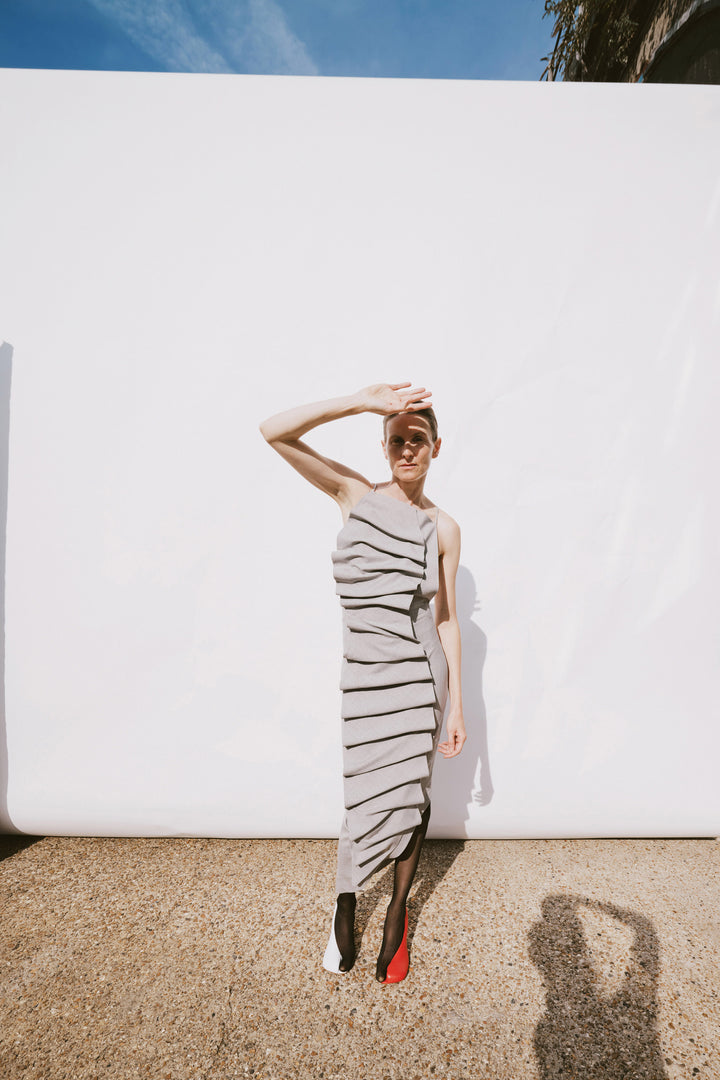 Bib-Front Structured Dress With Open Back Light Grey Melange