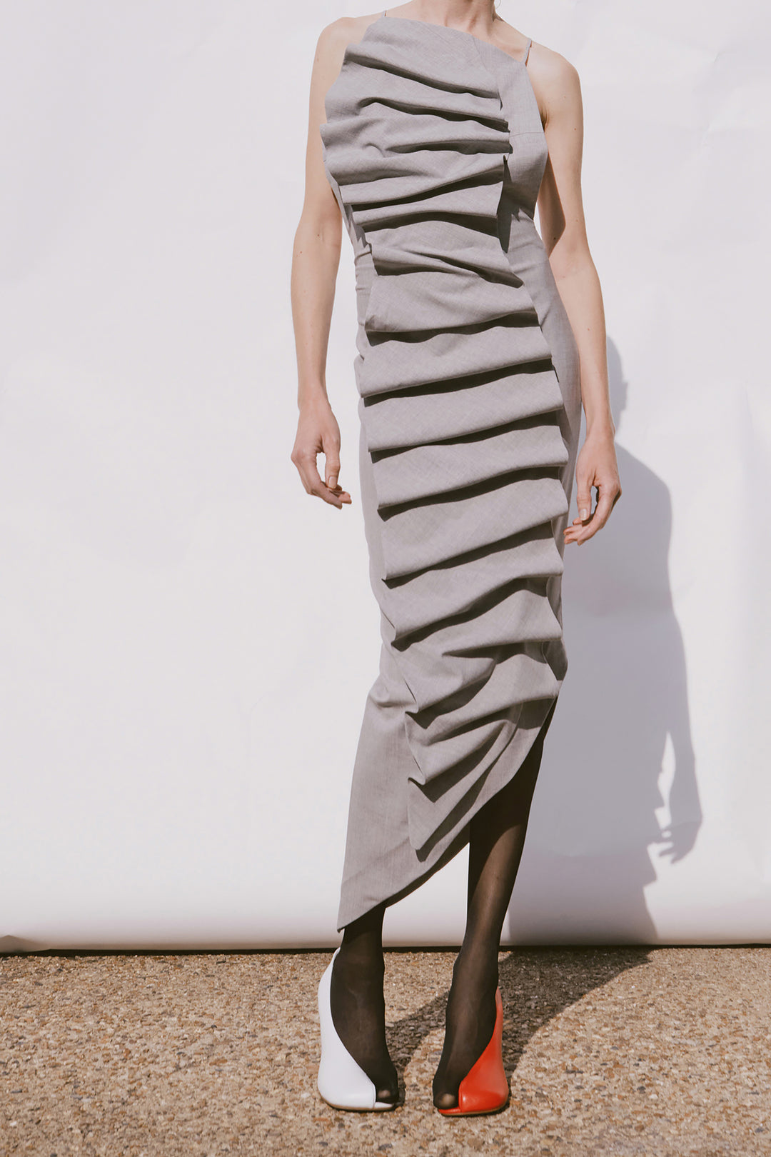 Bib-Front Structured Dress With Open Back Light Grey Melange