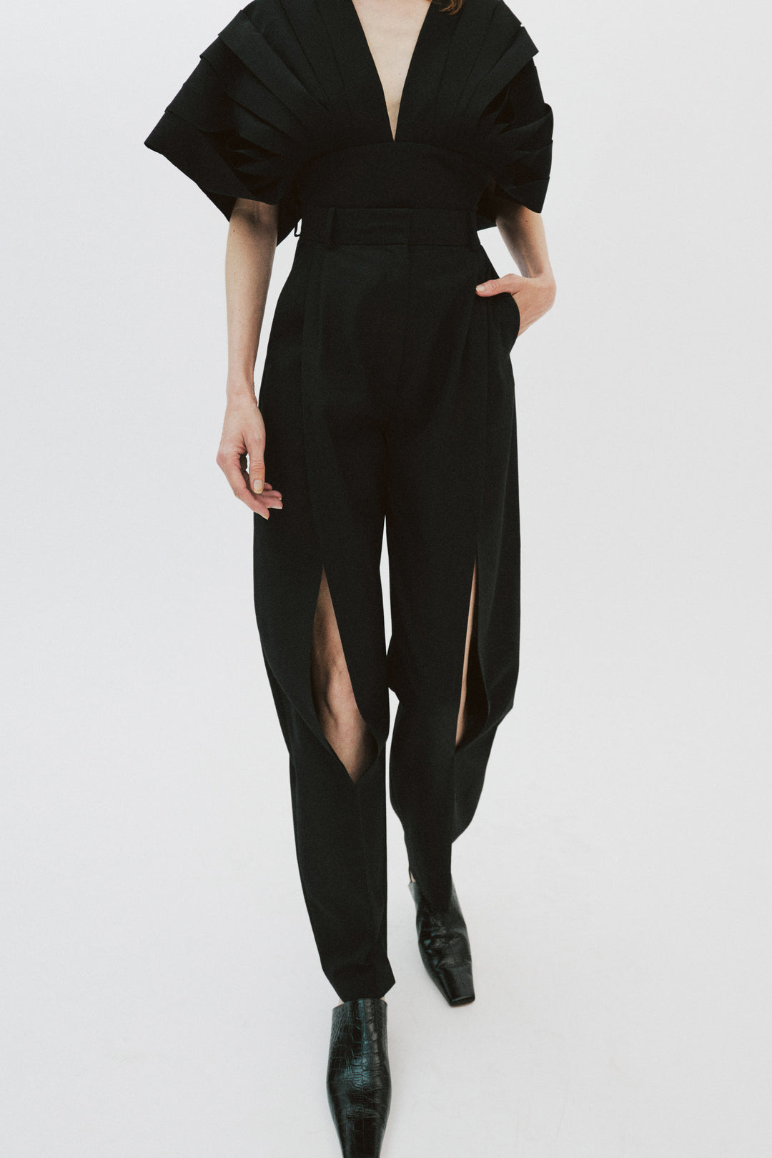 Multi Panel Deep V-Neck Top Black