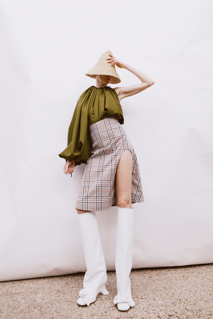 One-Sleeve Voluminous Top Khaki Green