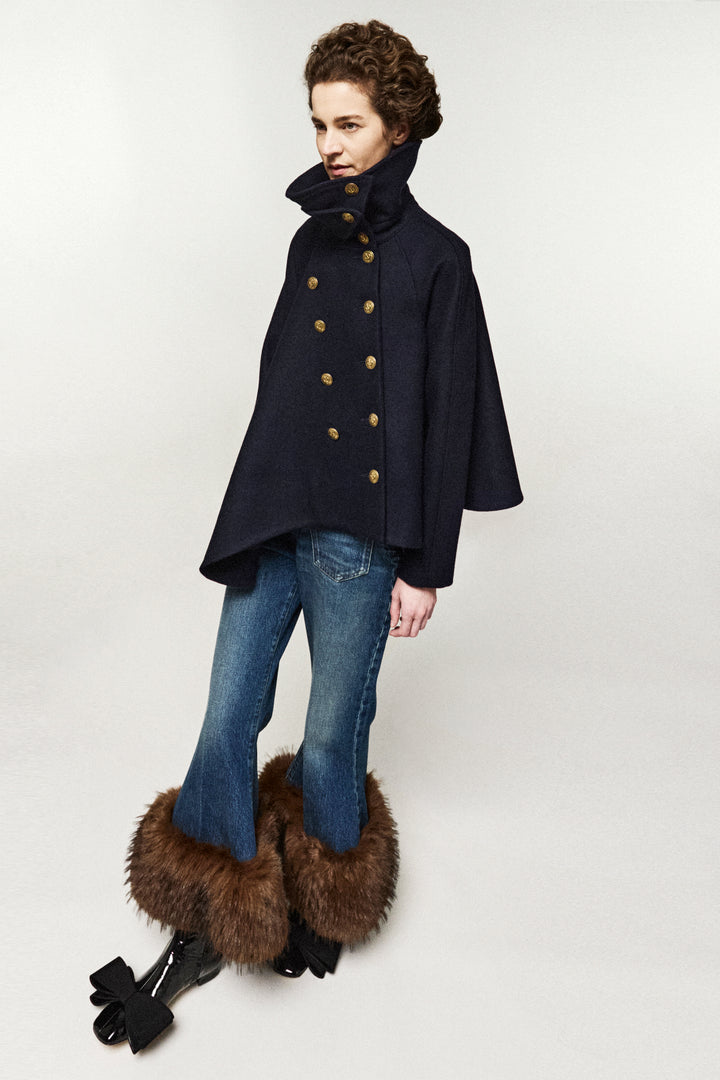 Cropped Flared Trousers With Faux Fur Hem Classic Blue Wash
