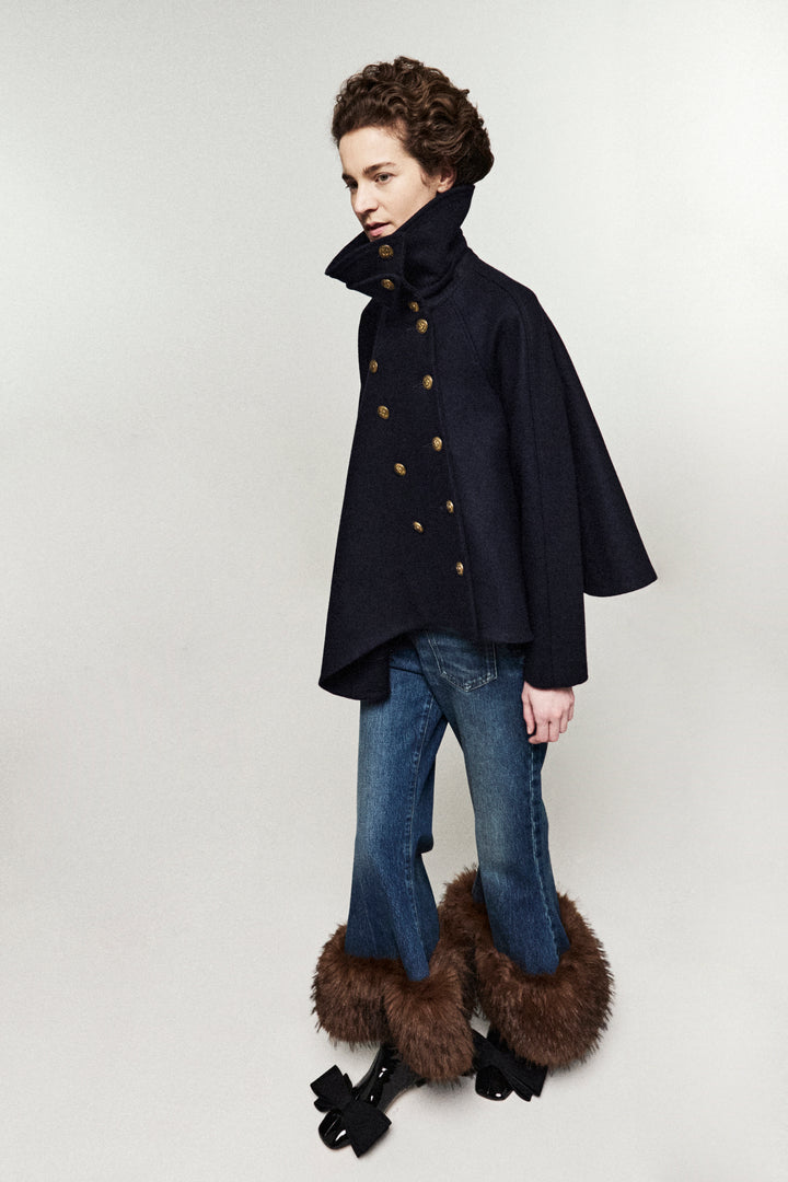 Flared Pea Coat With High Collar With Gold Buttons Navy