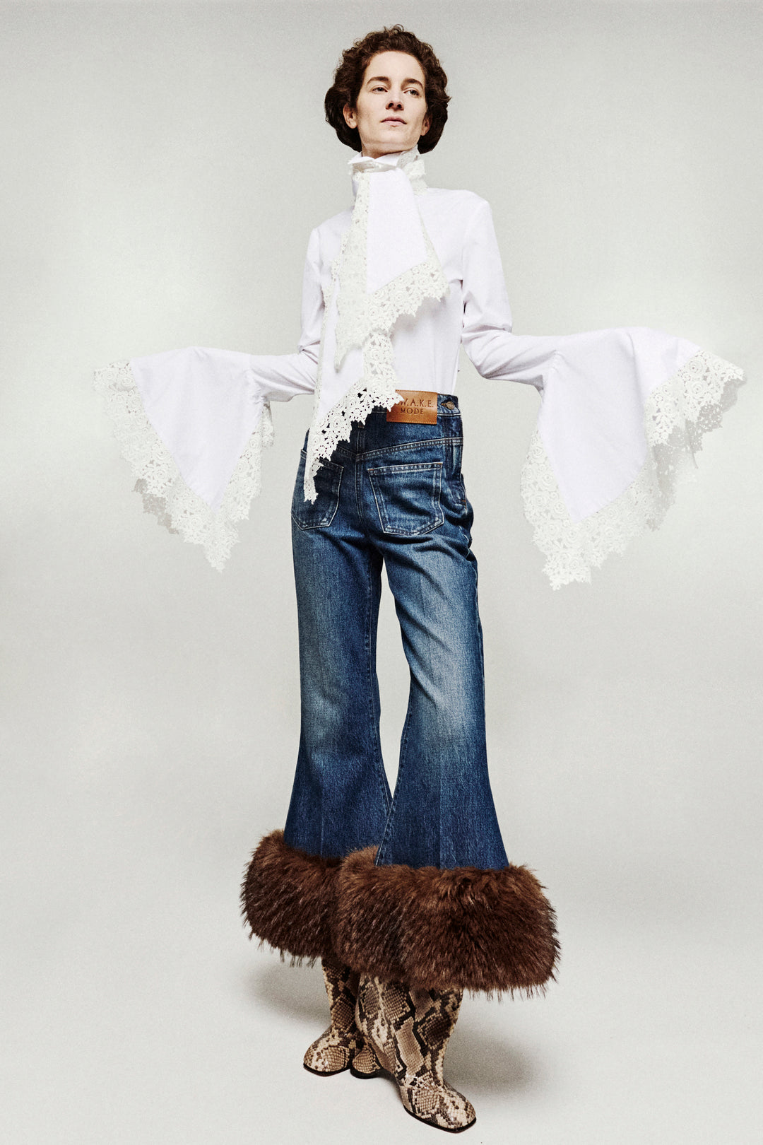 Cropped Flared Trousers With Faux Fur Hem Classic Blue Wash
